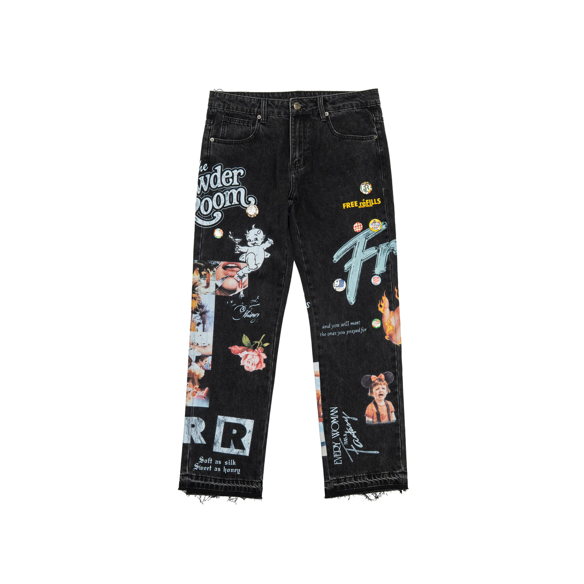 The Powder Room Jeans – Black – Front flat lay showing collage graphics, decorative pins and frayed hems