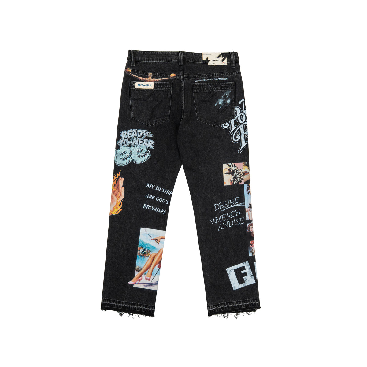 The Powder Room Jeans – Black – Back flat lay showing patch pockets, lettering and collage graphics