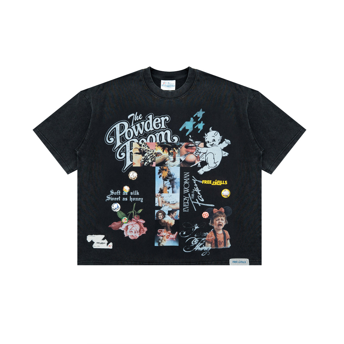 The Powder Room Tee – Black – Front flat lay showing Powder Room lettering, collage prints and decorative pins
