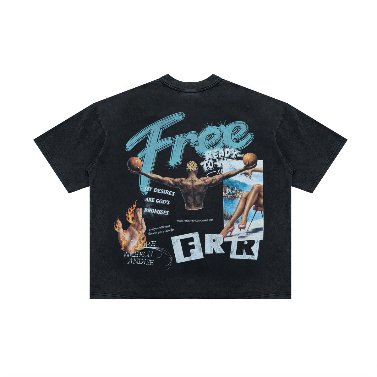The Powder Room Tee – Black – Back flat lay showing blue Free lettering, basketball player and collage graphics