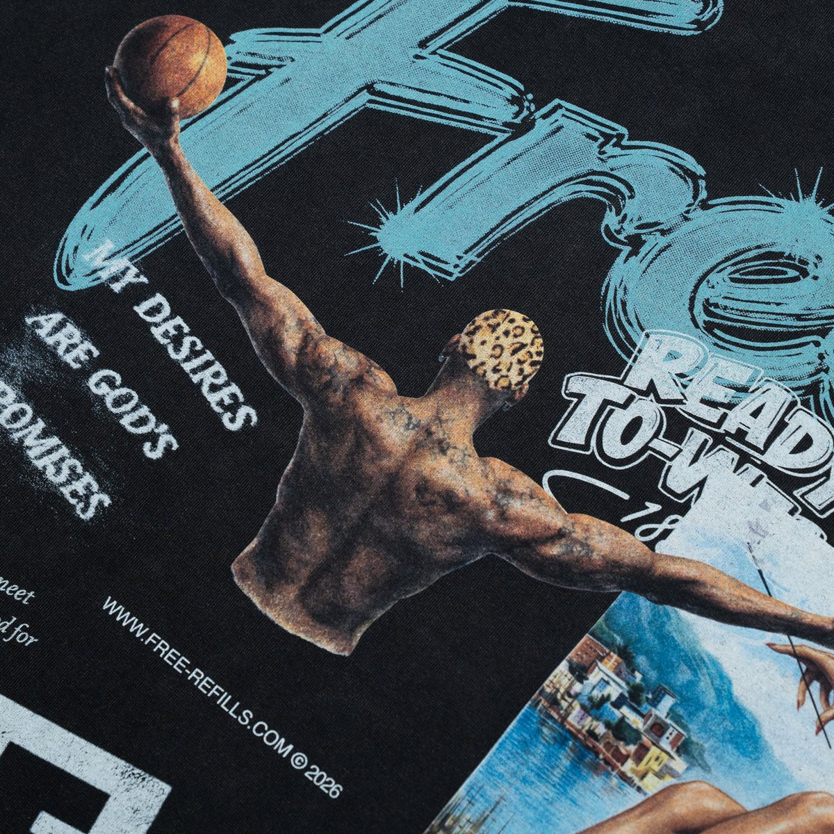 The Powder Room Tee – Black – Close-up of basketball player graphic and blue Free lettering on back