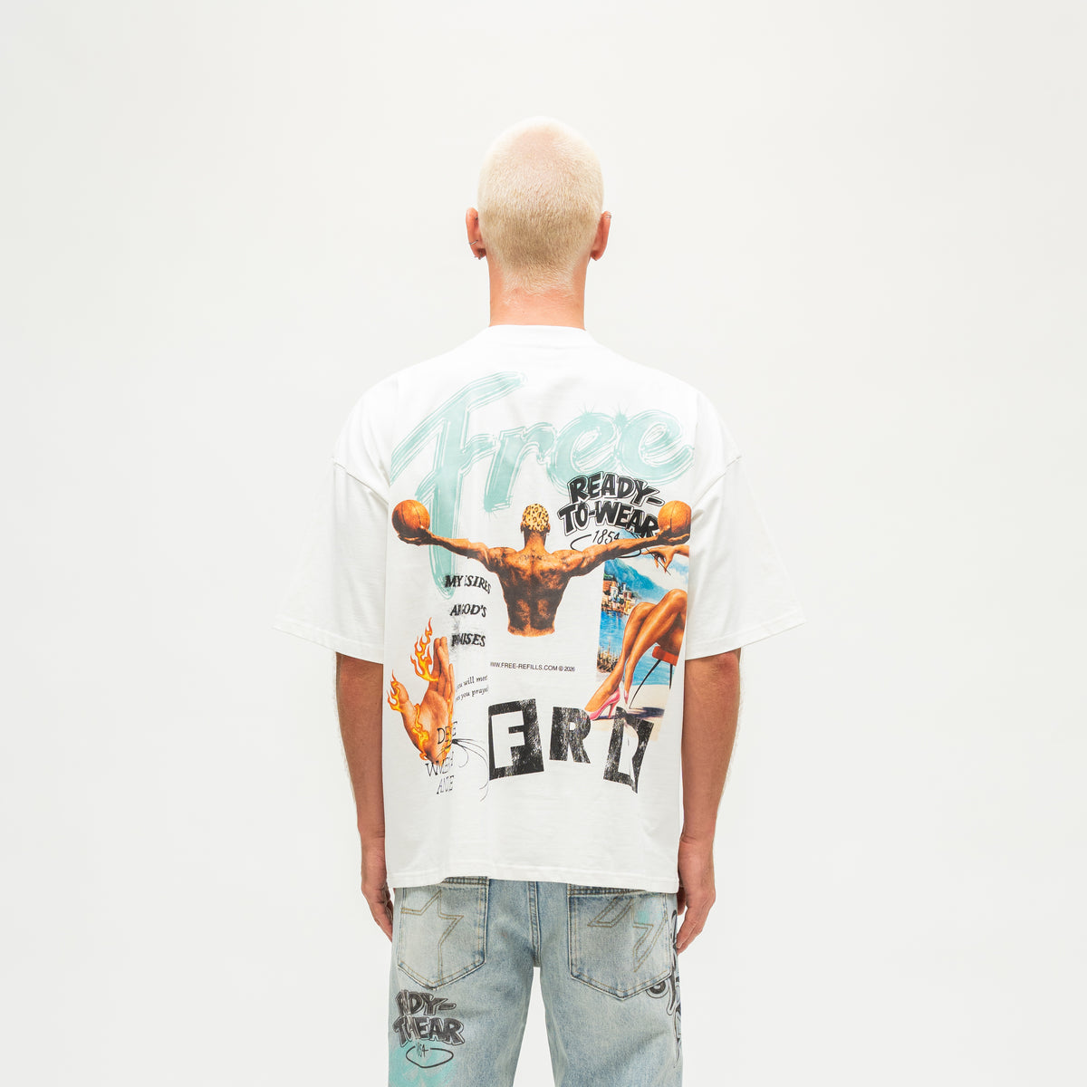 The Powder Room Tee – Cream – Model wearing the tee, back view showing large collage artwork